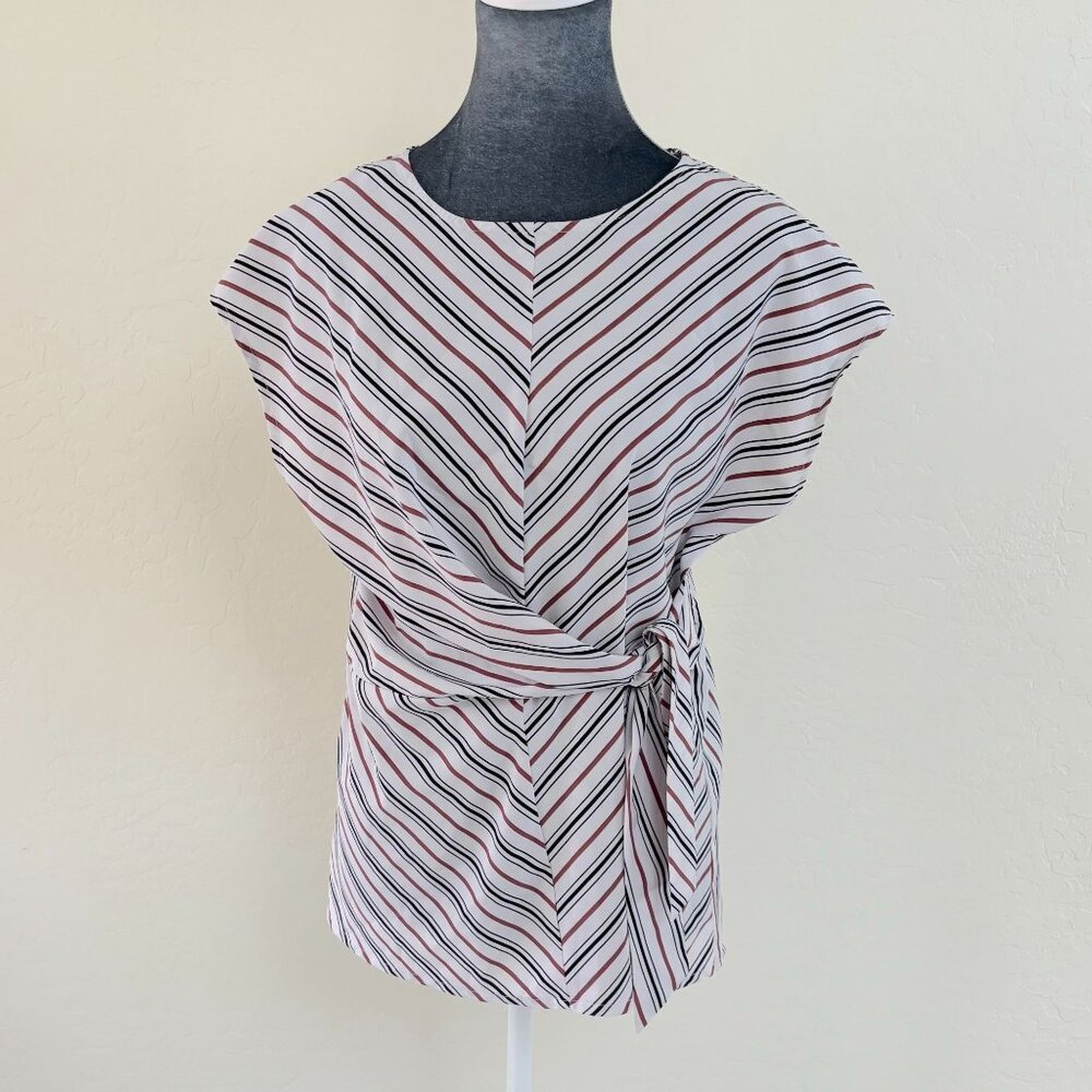 Striped Vintage Brand Womens Blouse‎ With Waist Tie - White/Black/Brown - Size S